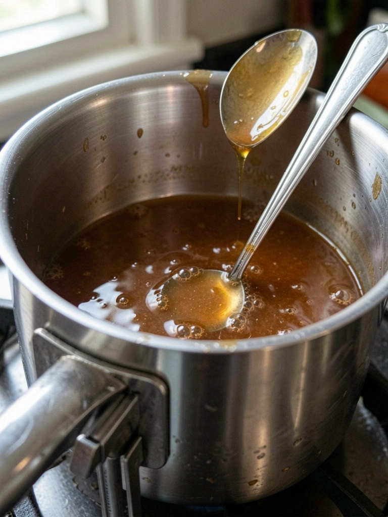 Panela no fogão com água e açúcar em fervura e termômetro de cozinha imerso.