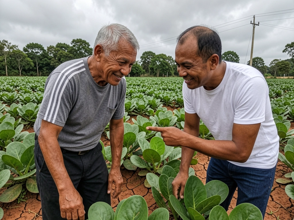 Técnico agrícola e produtor rural conversando em meio à plantação, com caderneta e celular em mãos.