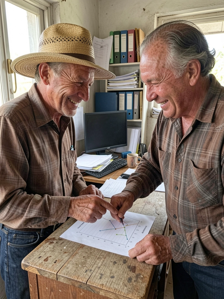 Engenheiro agrônomo aponta para gráfico em tablet enquanto conversa com agricultor em escritório