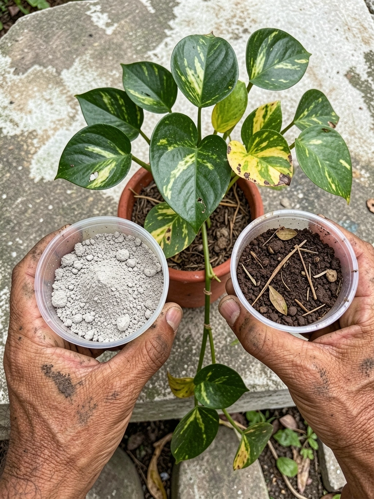 Folhas amarelas de jiboia em vaso com substrato seco na superfície.