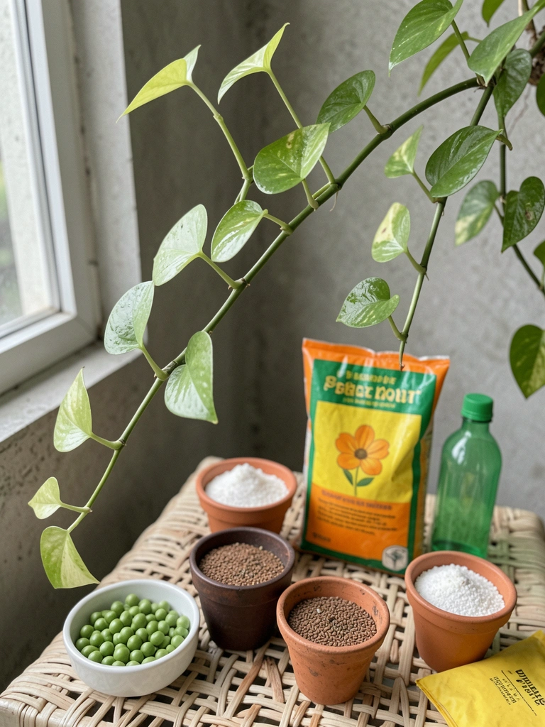 Folhas pequenas e espaçadas de jiboia em um vaso, com um caule longo e fino inclinado em direção à janela.