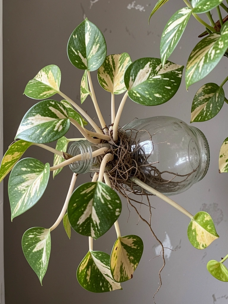 Folhas de jiboia em tons de verde e amarelo, com algumas pontas secas, sobre um fundo neutro.