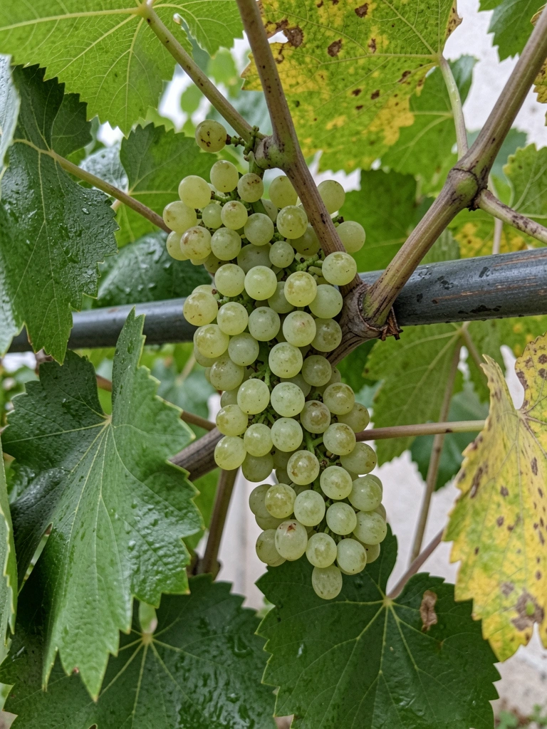 Galho de videira com folhas amareladas e cachos de uvas pequenos ainda verdes.