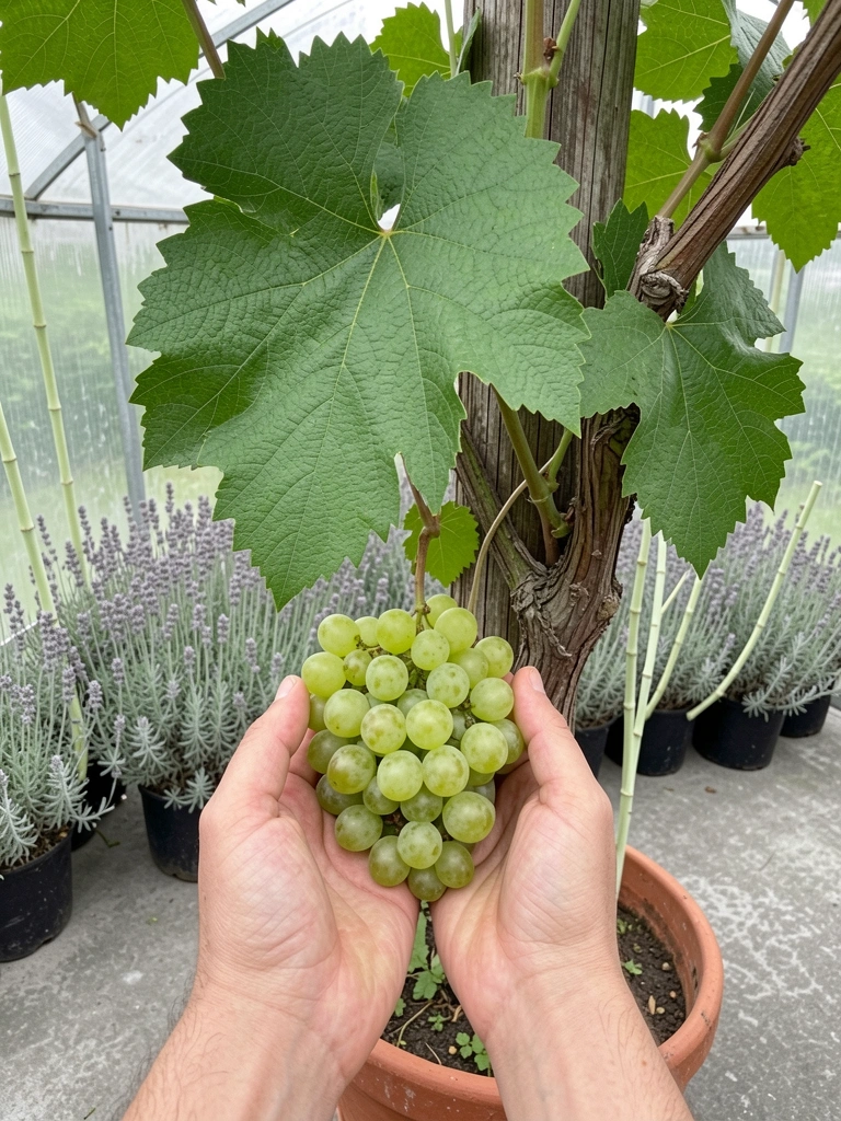 Mãos seguram cachos de uvas saudáveis após adubação
