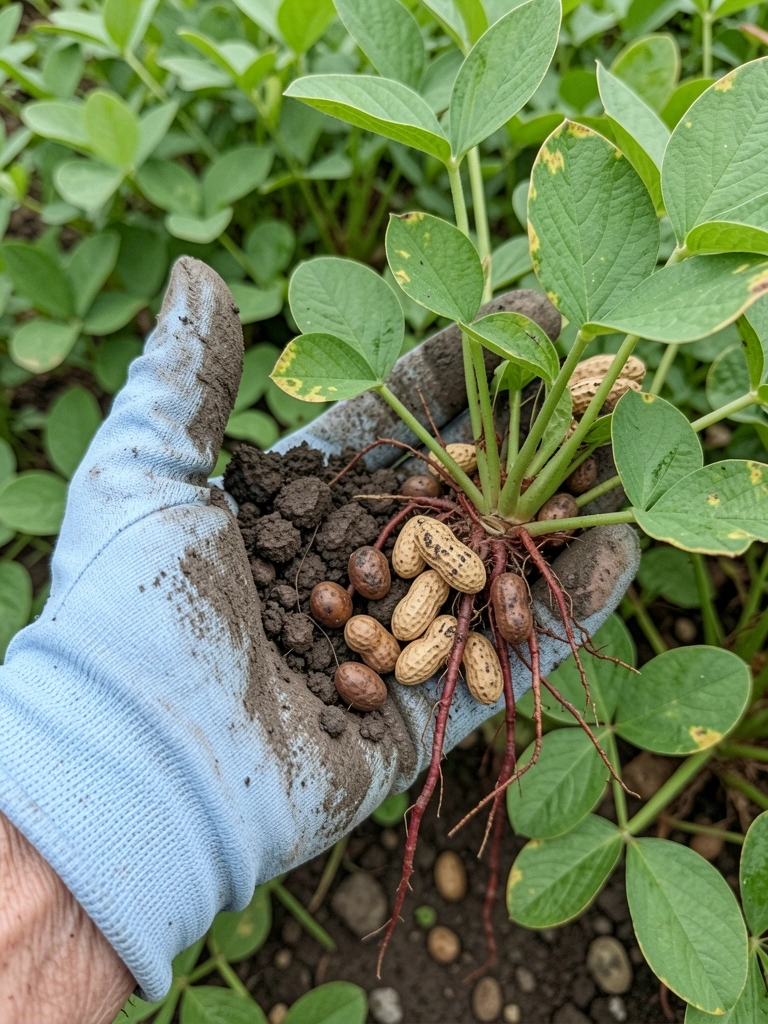 Mãos segurando um punhado de terra escura ao lado de vagens de amendoim sobre uma superfície clara.