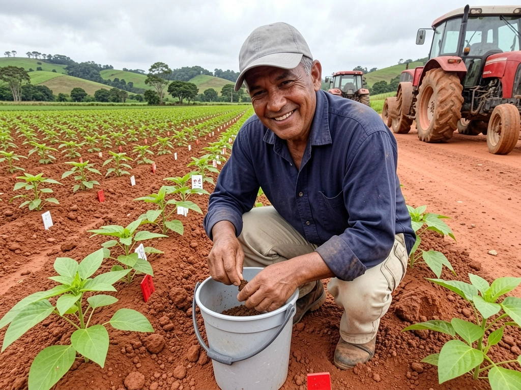 Agricultor com pá coletando amostra de solo em lavoura de gergelim