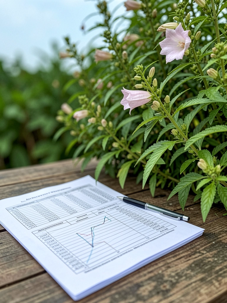 Laudo de análise de solo sobre mesa com planta de gergelim ao fundo