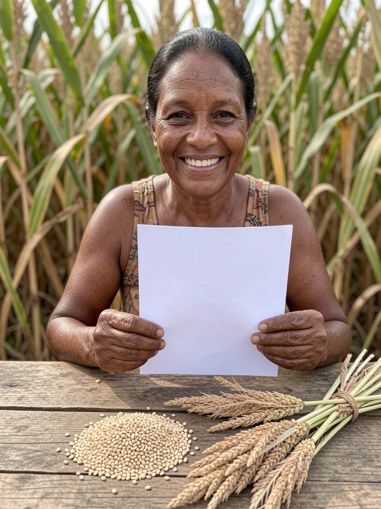 Mulher lê laudo de análise de solo em mesa rural com plantação ao fundo