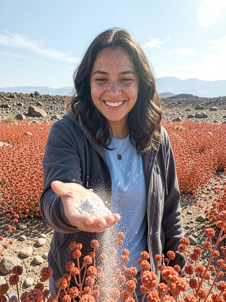 Mãos espalhando calcário sobre canteiro de quinoa