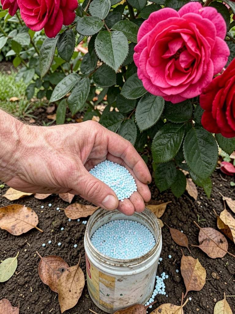 Rosebush com folhas verde-escuras e flores vibrantes, recipiente com fertilizante ao pé