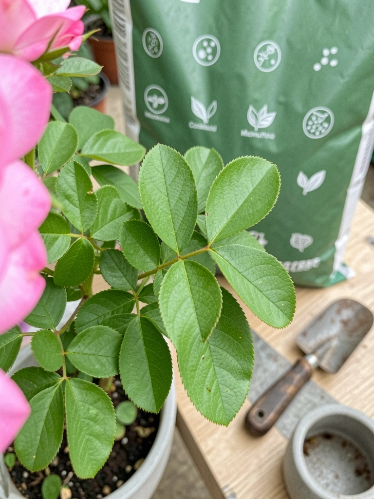 Folhas de rosa com ícones de micronutrientes sobrepostos