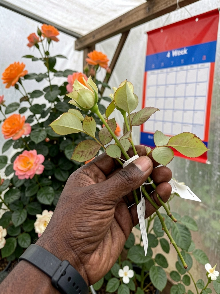 Roseira em vaso com calendário de adubação ao fundo