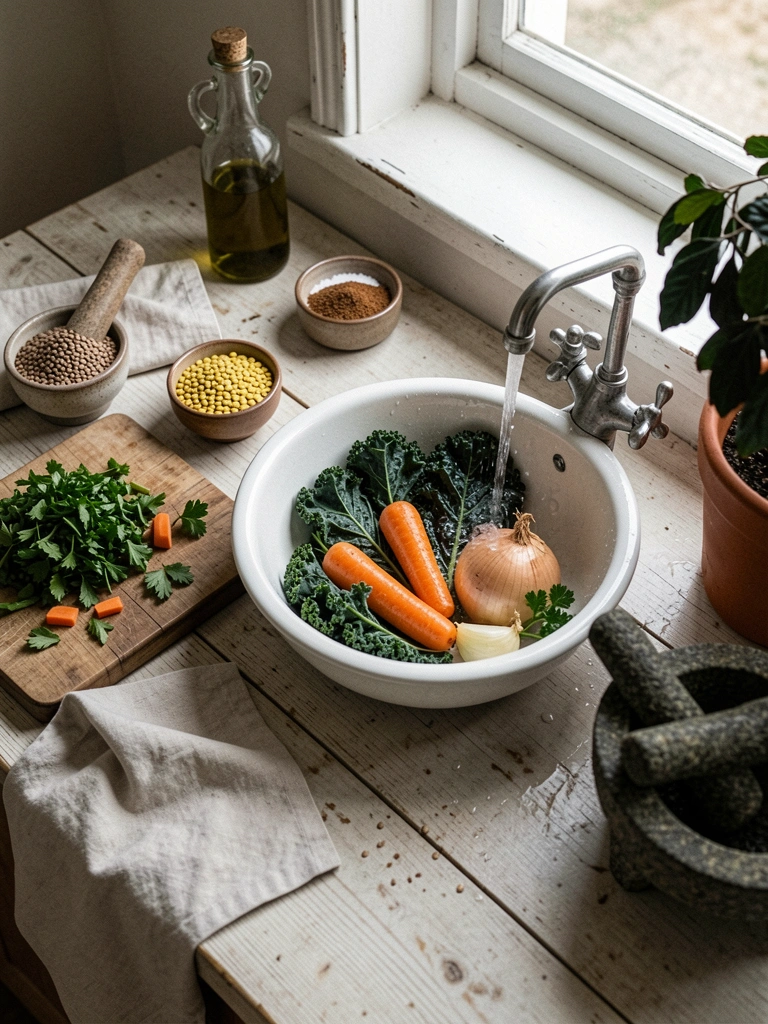 Pia com bacia contendo vegetais sendo lavados sob água corrente, fundo claro
