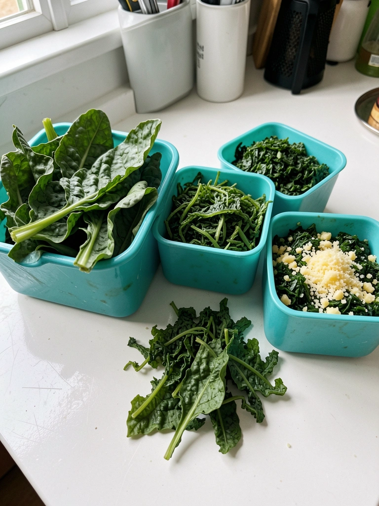 Folhas de acelga murchas sobre uma bancada de cozinha