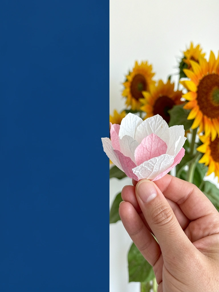 Mão segurando flor de papel branca e rosa com textura seca