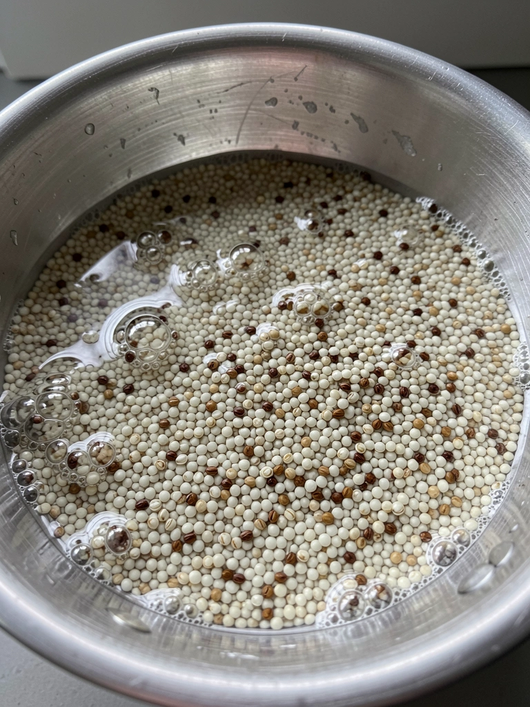 Tigela de vidro com quinoa submersa em água, sob luz natural de uma janela.