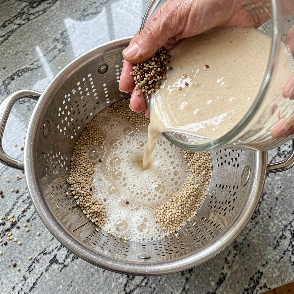 Peneira com quinoa sendo lavada sob água corrente, formando espuma