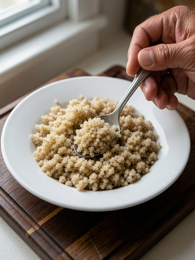 Quinoa cozida em prato branco, grãos soltos e separados