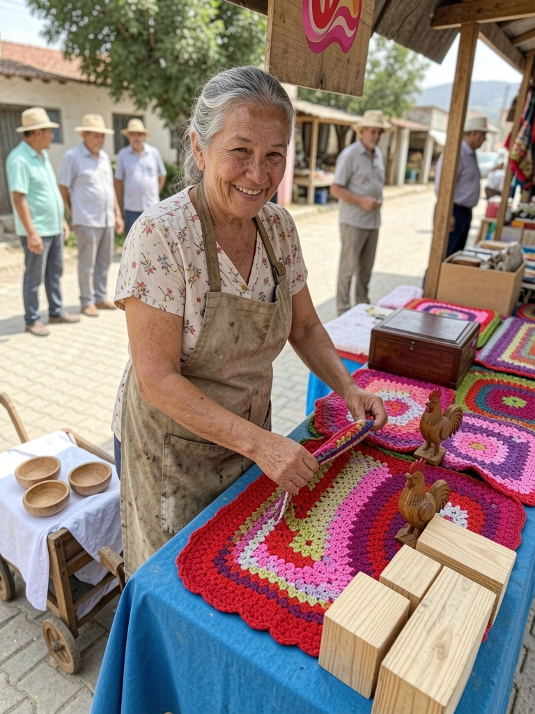 Artesã sorridente arruma produtos artesanais em barraca de feira