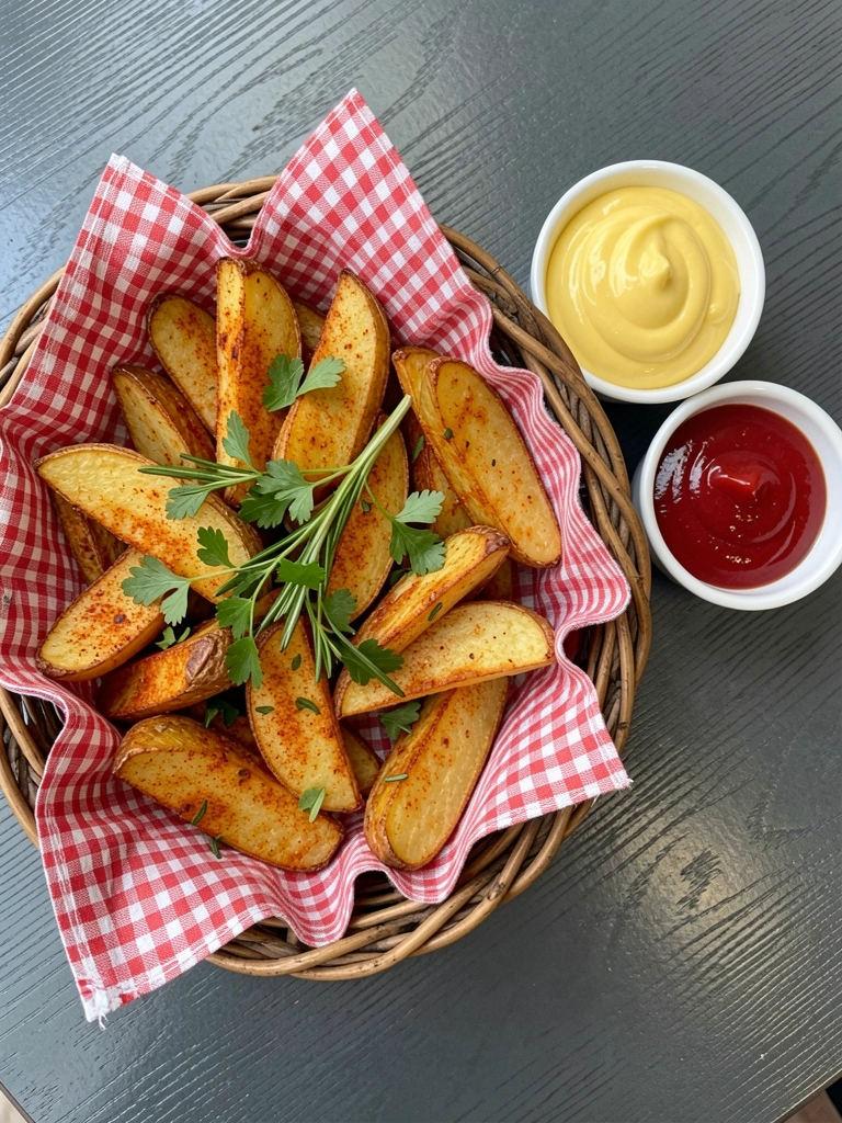 Batatas rústicas douradas em tigela escura com ervas frescas, fundo escuro