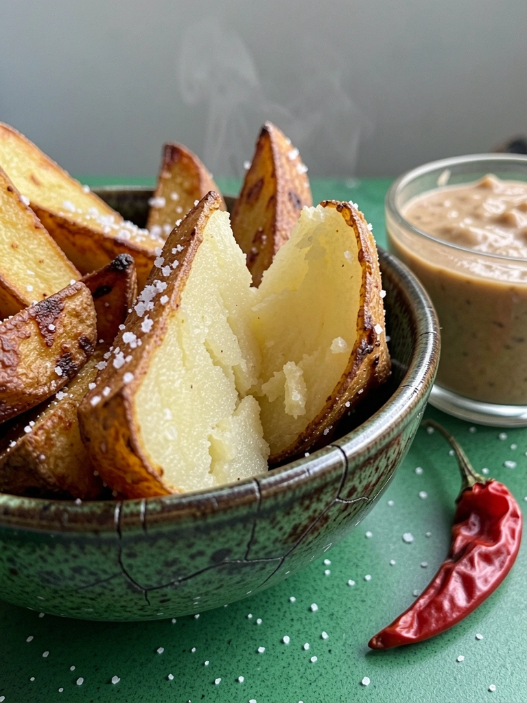 Batata rústica partida ao meio, interior macio e casca dourada