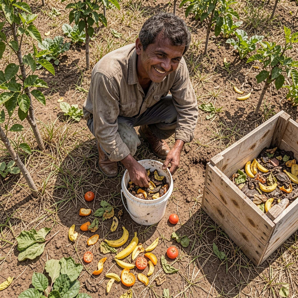Agricultor aplicando biofertilizante em fileiras de árvores e cultivos intercalados