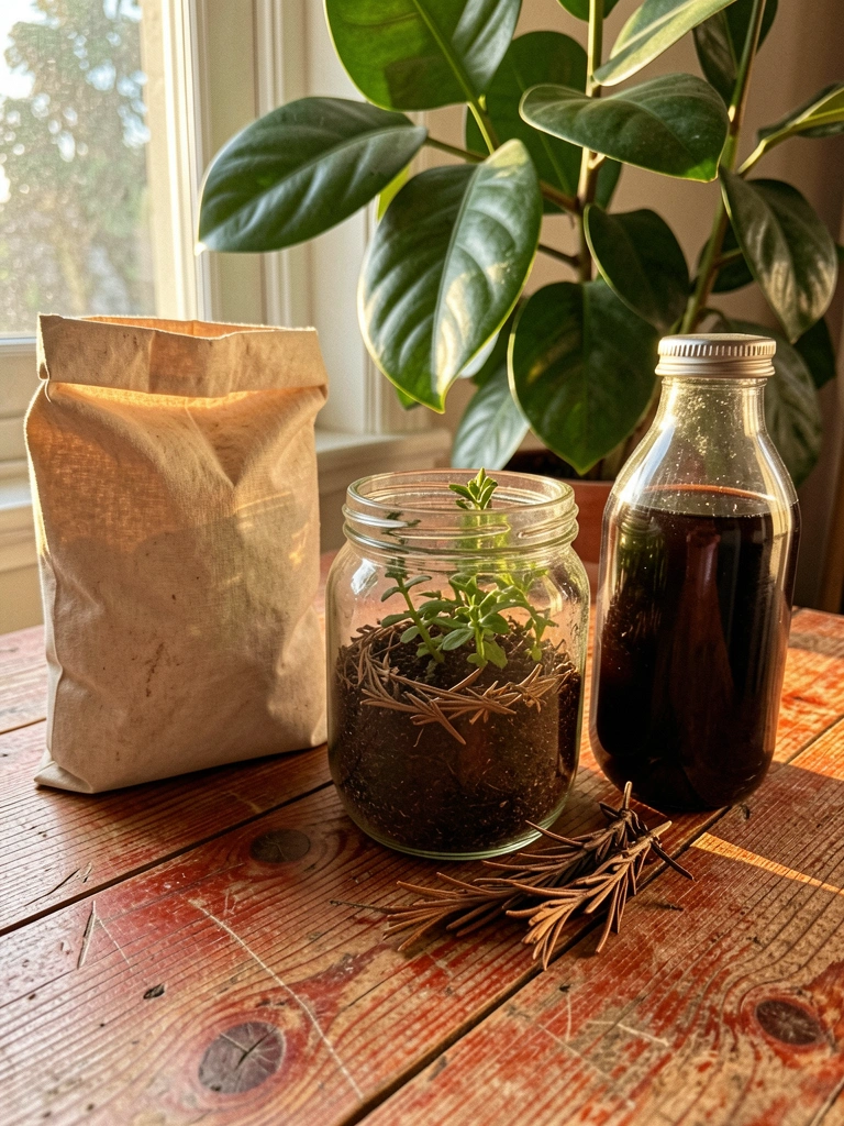 Comparação lado a lado entre frasco de biofertilizante e saco de adubo químico