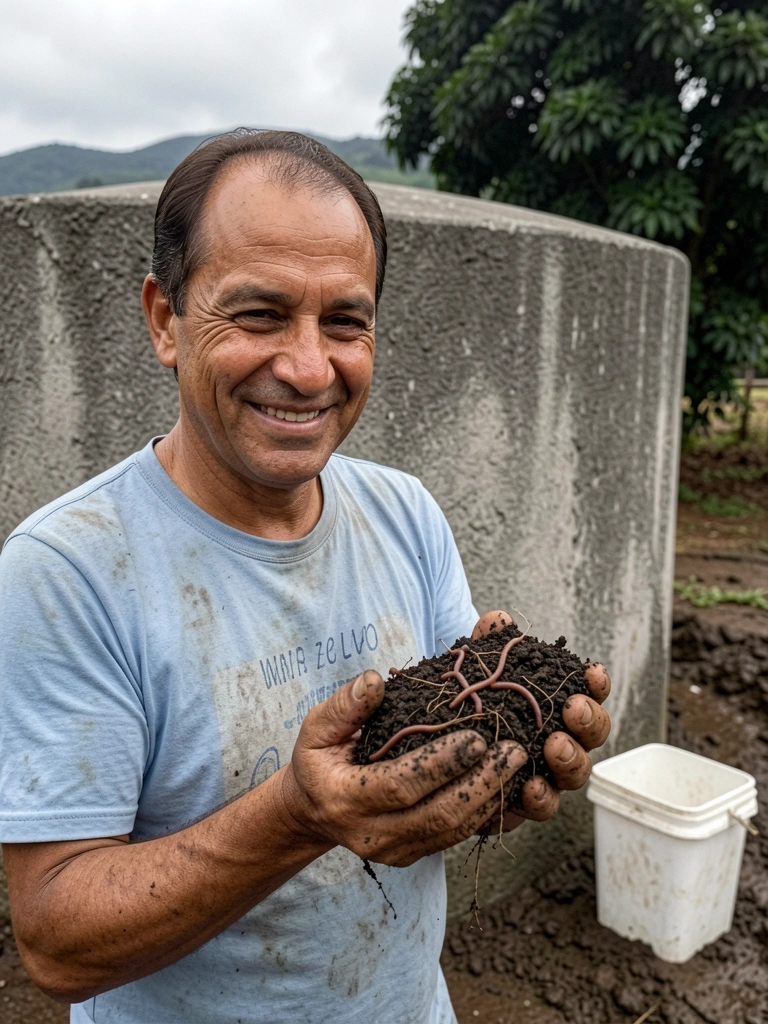 Mãos segurando terra escura com minhocas e raízes visíveis