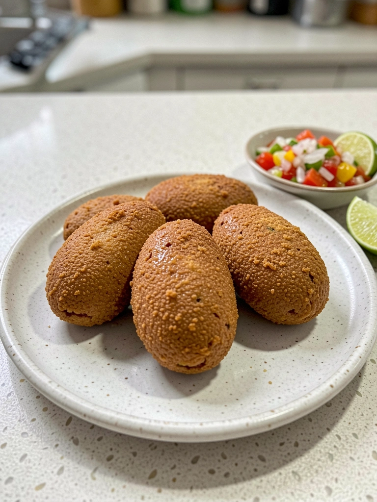 Bolinho de aipim dourado em prato branco com molho e folhas verdes.