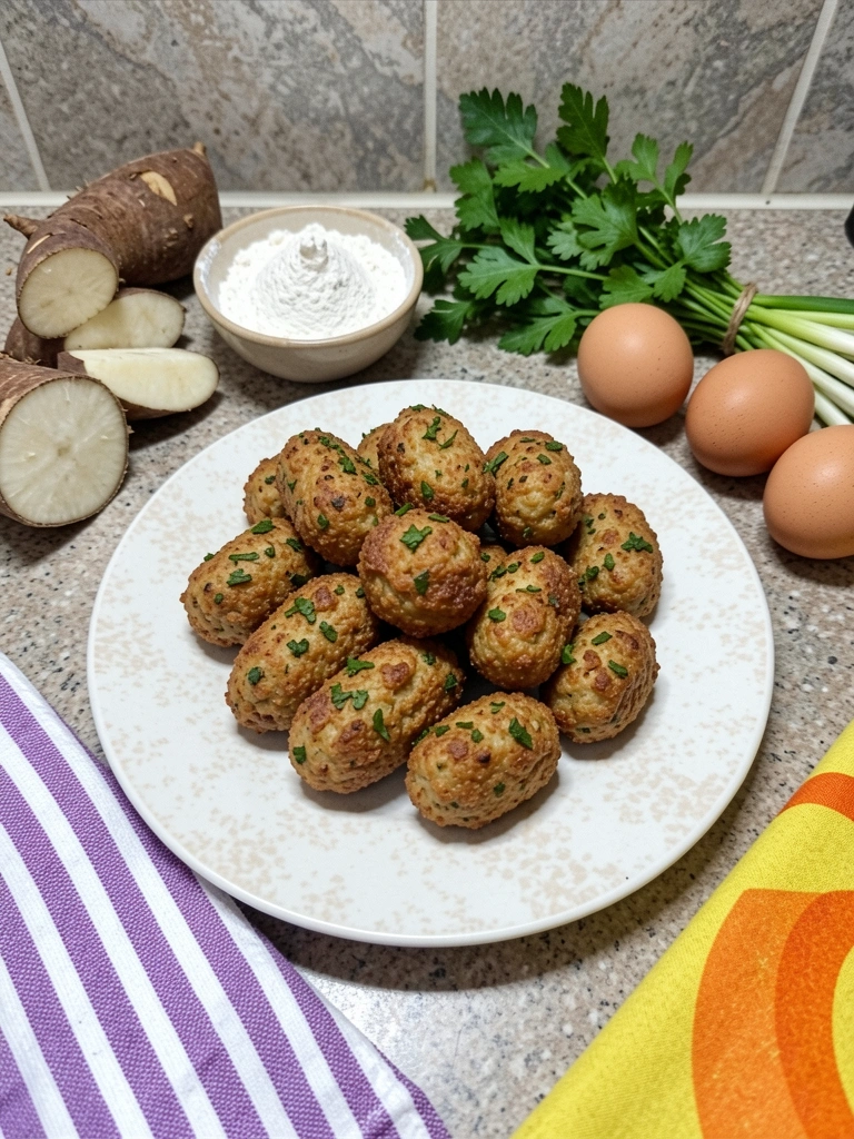 Ingredientes para bolinho de aipim dispostos sobre bancada: aipim, farinha, ovos e cheiro-verde