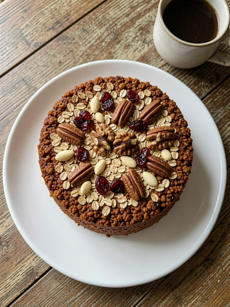 Bolo de granola dourado em prato rústico, ao lado de uma xícara de café.