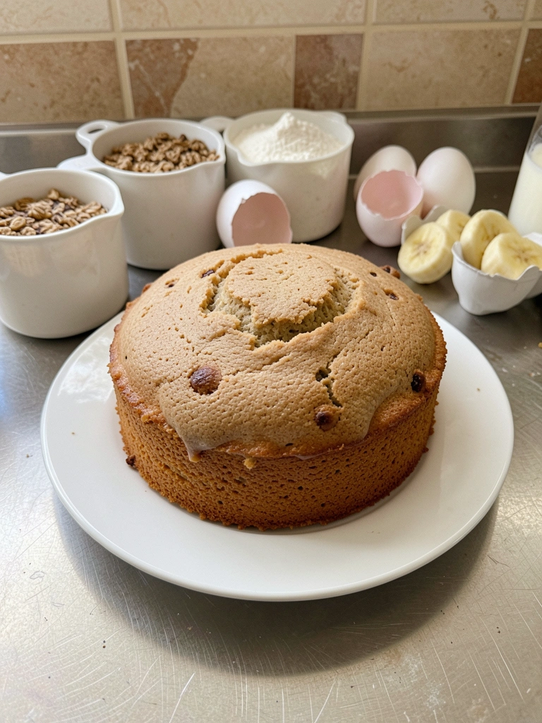 Xícaras com granola, farinha, ovos, banana e leite sobre superfície clara