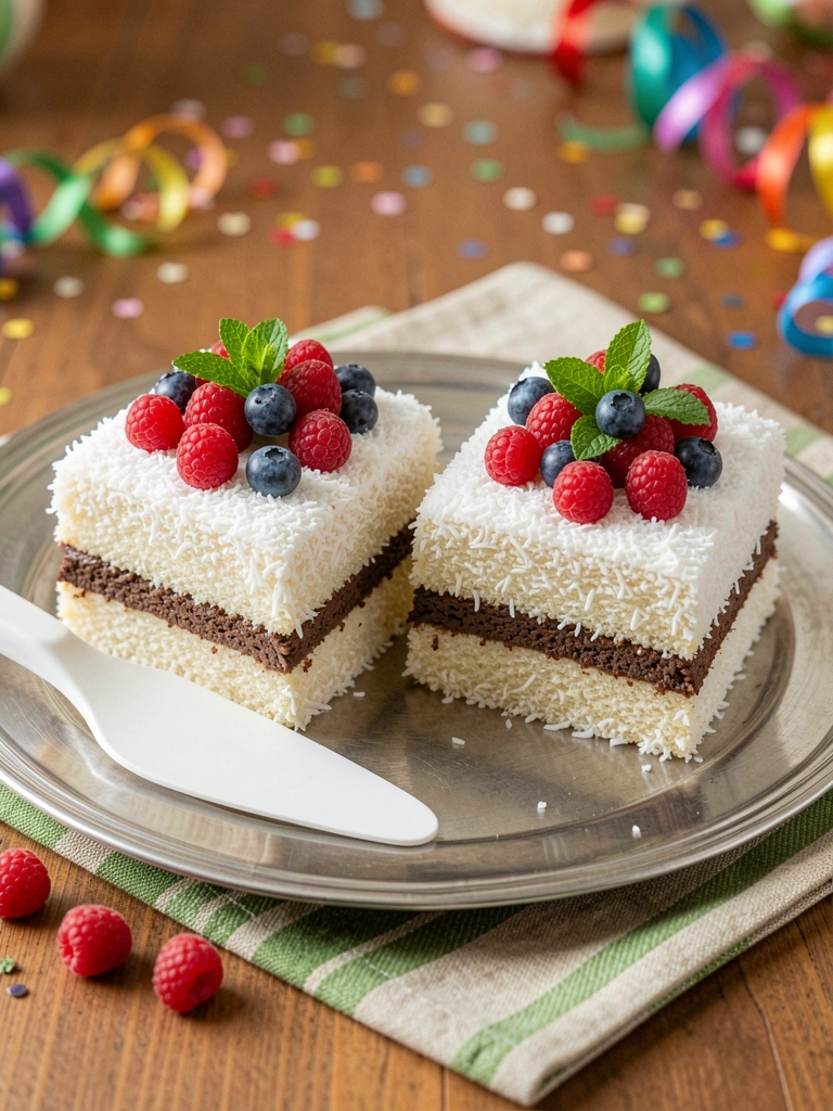 Bolo de aniversário com camadas de recheio aparentes e frutas frescas no topo, sobre mesa decorada com itens coloridos de festa.