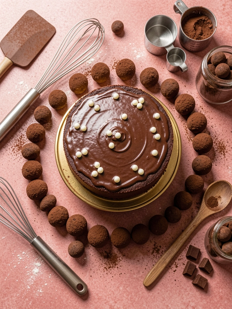 Bancada com utensílios de confeitaria e ingredientes vistos de cima