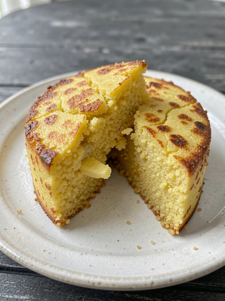 Bolo de cuscuz dourado cortado ao meio em prato rústico