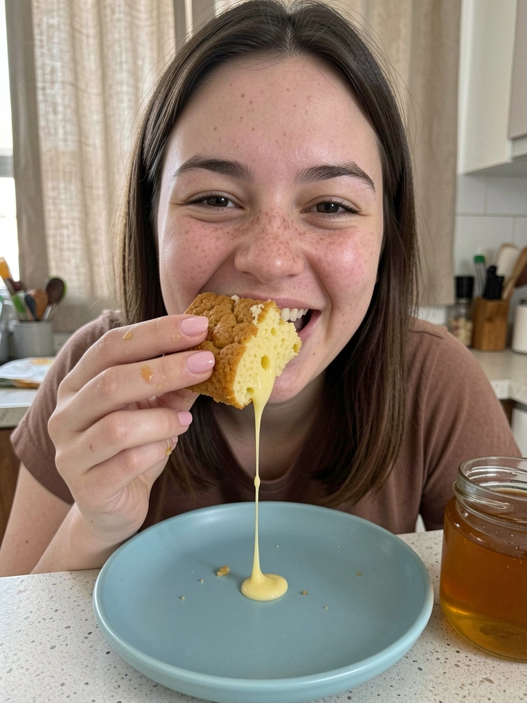 Pessoa sorrindo enquanto come cuscuz na cozinha