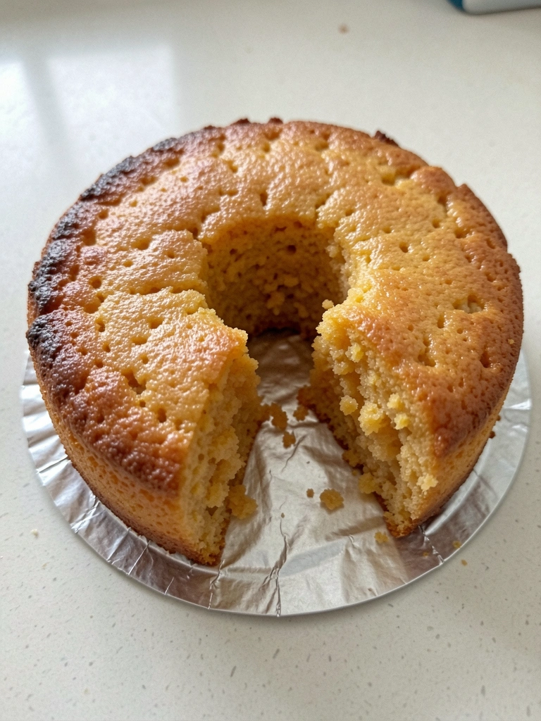 Bolo de milho dourado em forma com furo central, com uma fatia cortada expondo o interior úmido.