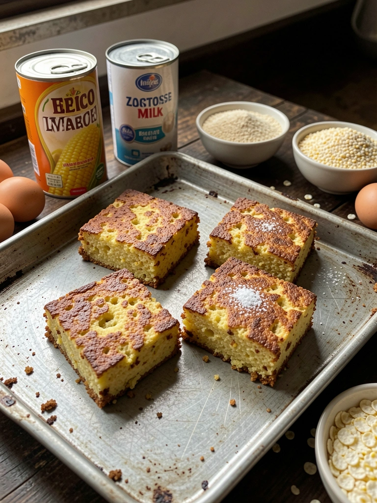 Lata de milho, leite condensado zero lactose, ovos, fubá e flocão sobre bancada clara.