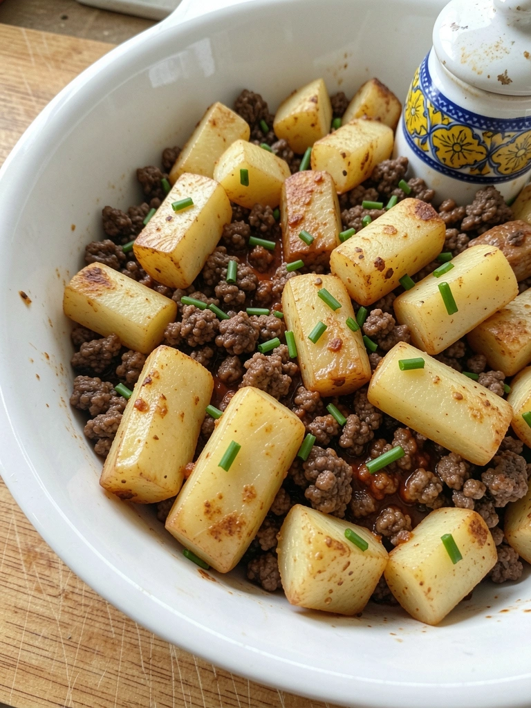 Prato de carne moída refogada com batatas em cubos, servido em louça branca sobre mesa de madeira.