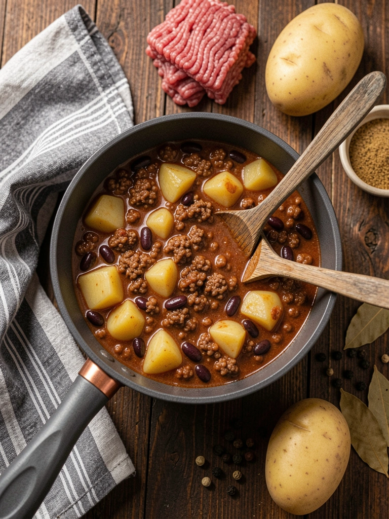 Ingredientes de carne moída com batatas dispostos sobre uma mesa de madeira
