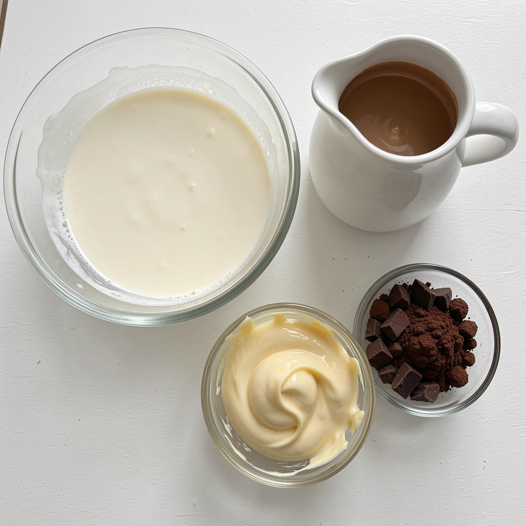 Pedaços de chocolate em barra sobre uma superfície escura, com creme de leite e leite condensado ao fundo.