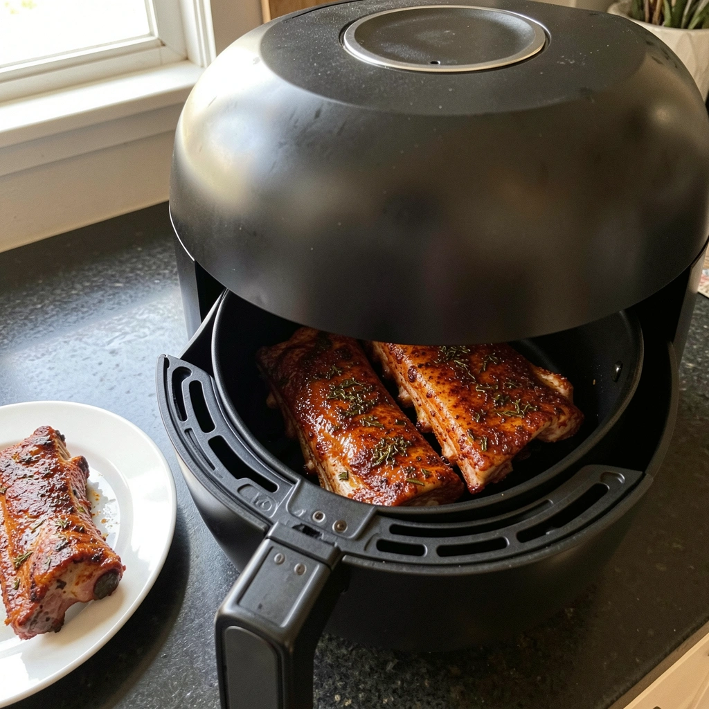Costelinhas de porco temperadas em uma assadeira, prontas para a airfryer