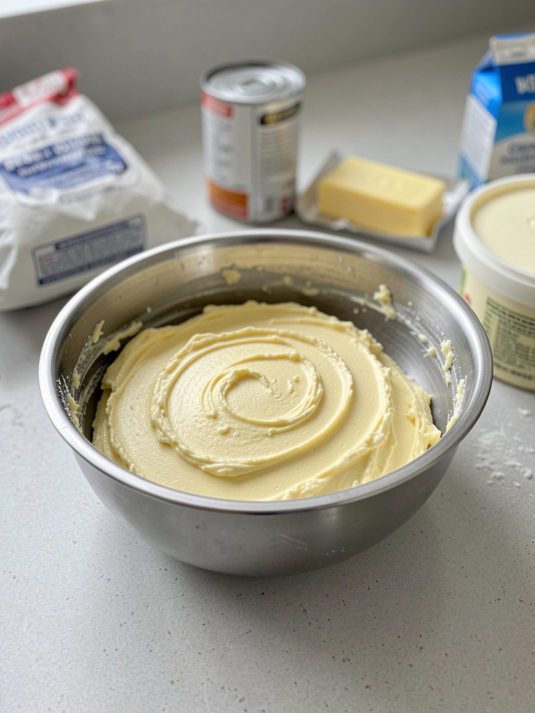 Ingredientes para creme de ninho: leite em pó, leite condensado, manteiga e creme de leite sobre uma mesa clara