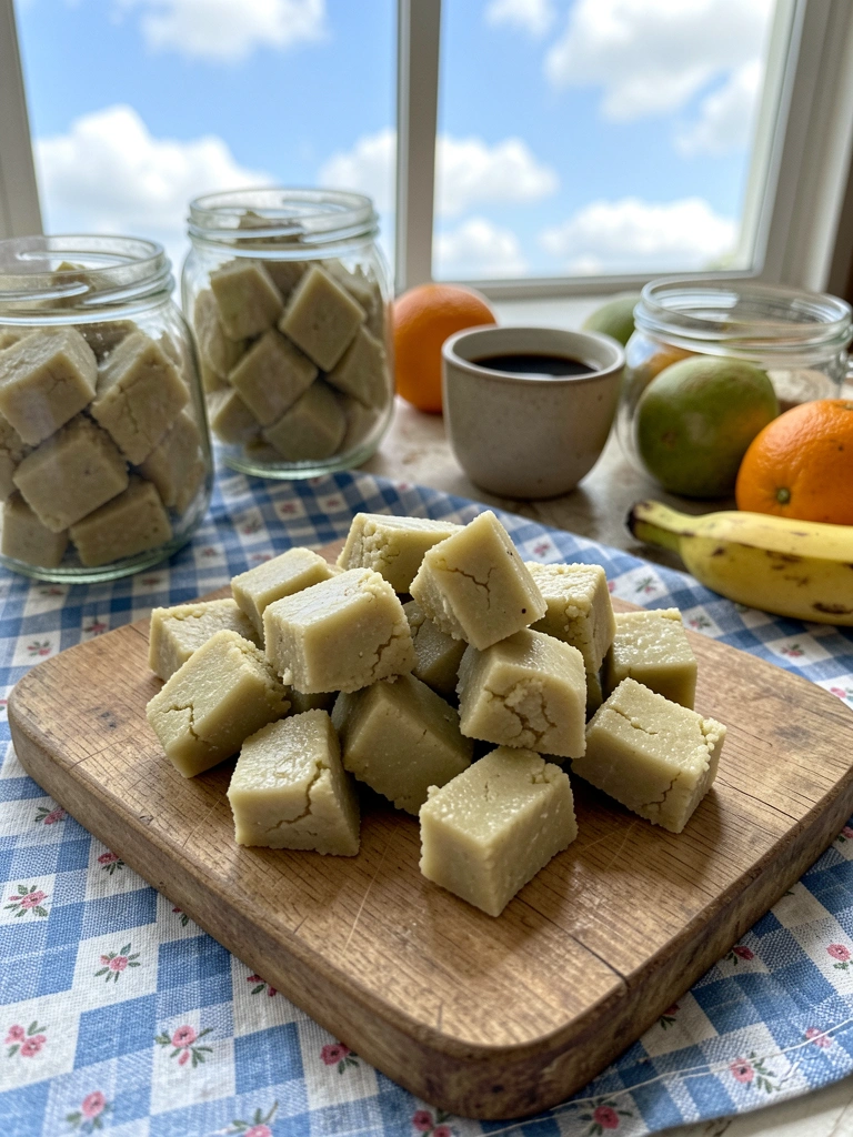 Mesa posta com potes de doce de mamão, xícara de café e frutas frescas.