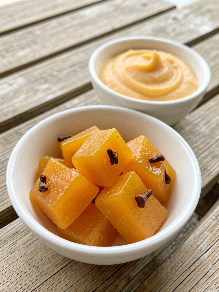 Tigelas com doce de mamão em pedaços e versão cremosa, com colher ao lado.