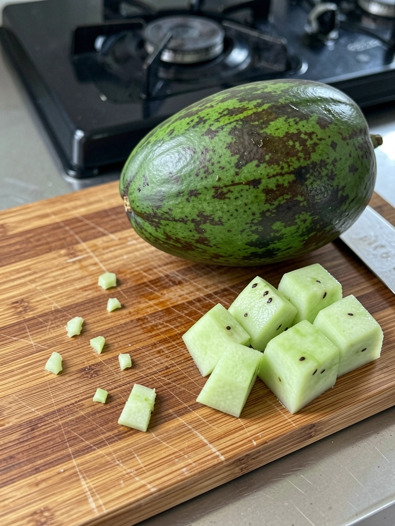 Mamão verde inteiro e cubos sobre tábua de corte