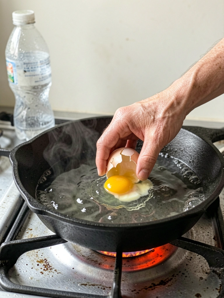 Frigideira antiaderente com água fervendo e vapor, ovo sendo quebrado sobre ela, fundo claro