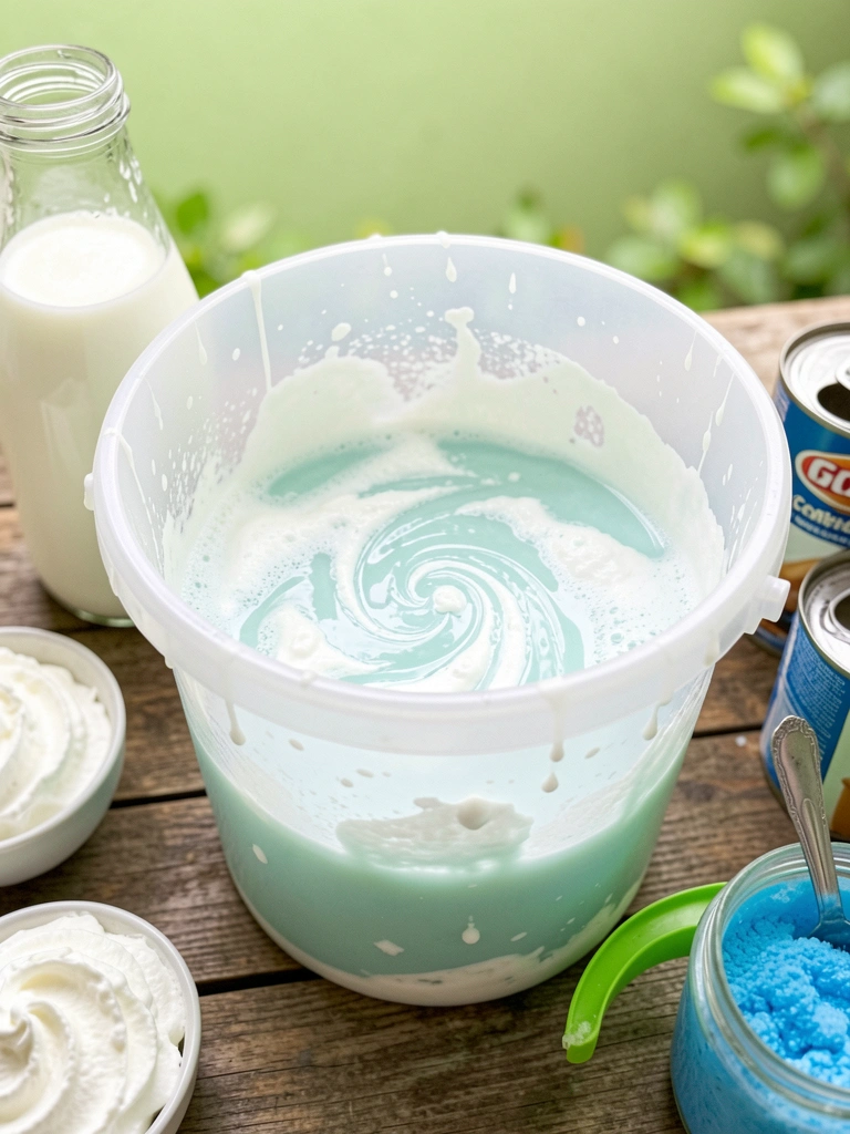 Mesa com copo de leite, lata de leite condensado, chantilly e pó blue ice