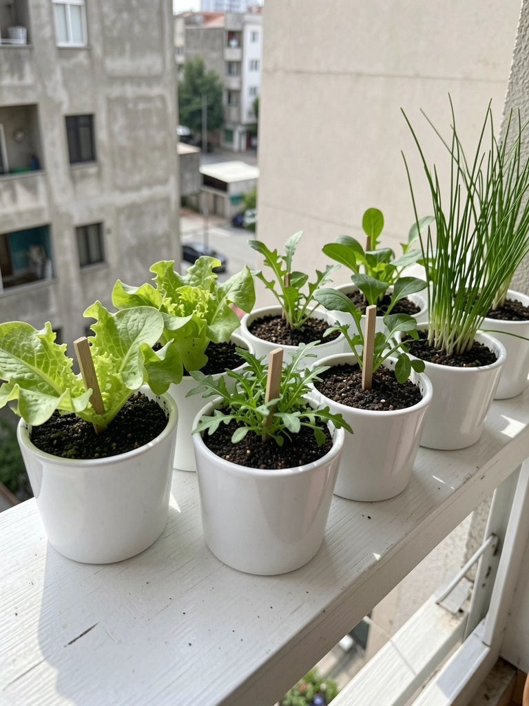 Vaso com alface, rúcula e cebolinha em varanda ensolarada, ambiente urbano ao fundo