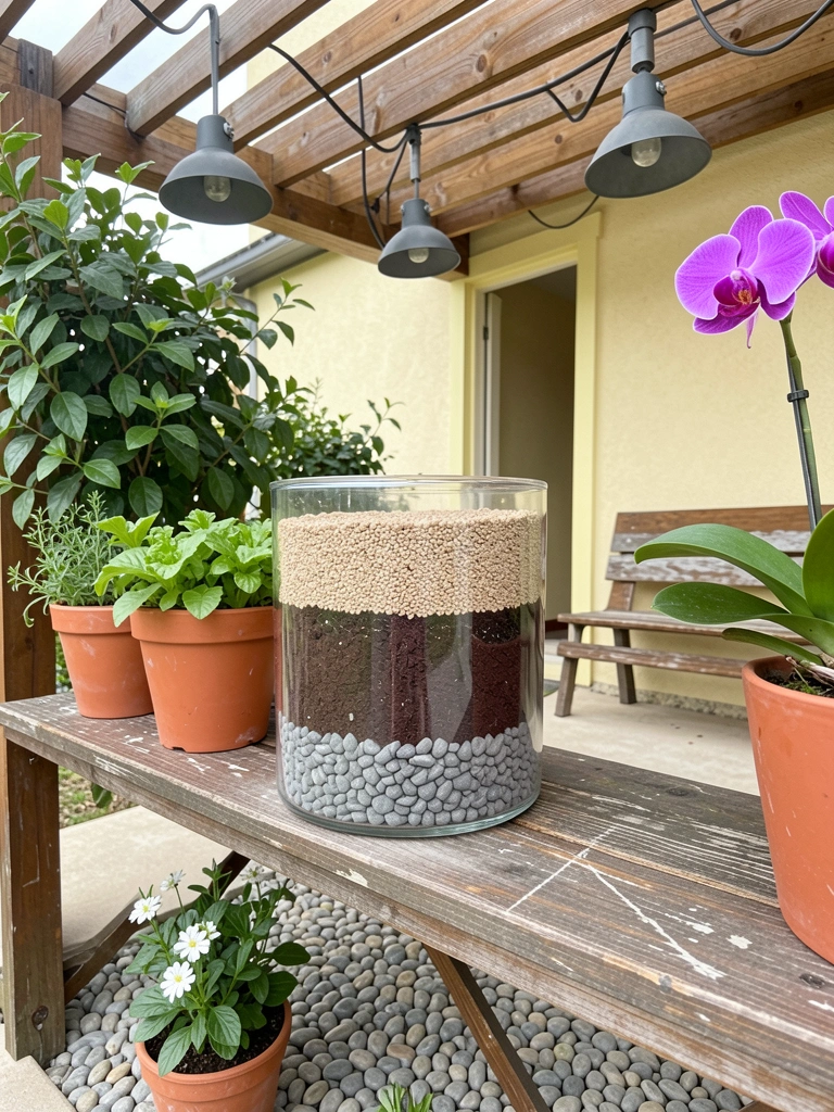 Vaso com camadas de drenagem, substrato e cobertura final, com mudas de folhas verdes.